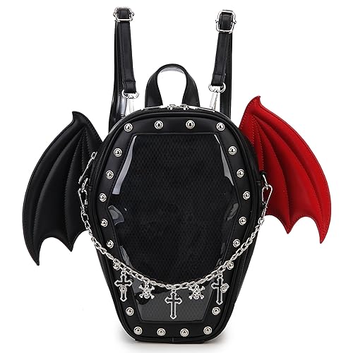 ENJOININ Gothic Coffin Shape Fashion Purses and Handbags for Women Halloween Shoulder Bag Backpack - Black Red Wings