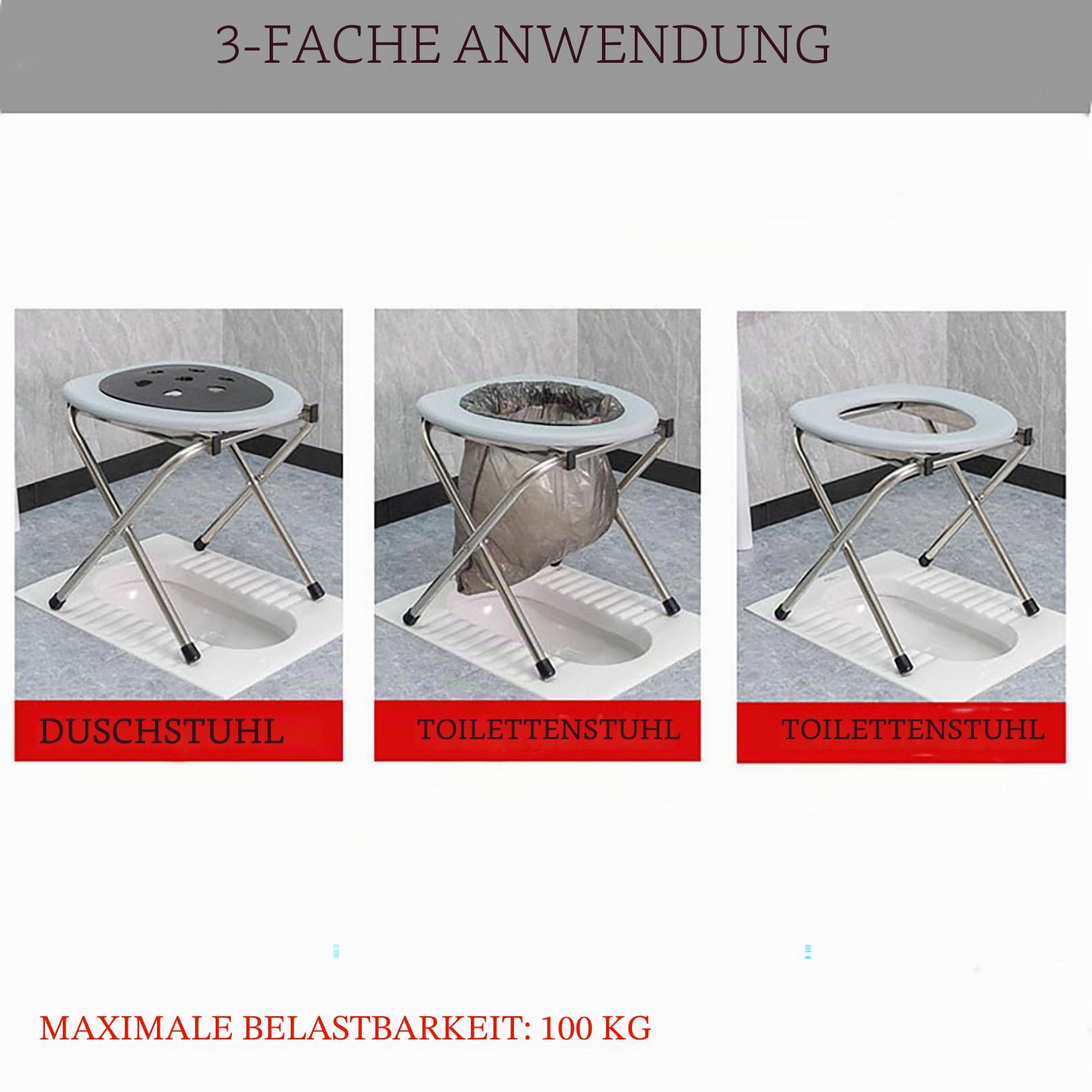 NEWFUN toilettenstuhl klappbar, 100KG,Toilettenstuhl mit Bezug, Plastiktüte und Plastikring, einfach und ohne Werkzeug zu montieren, für den Hausgebrauch und Camping geeignet