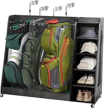 Wooden Golf Bag Organizer for Garage, Golf Storage Rack with 360 Wheels for Golf Bags, Clubs, Golf Accessories
