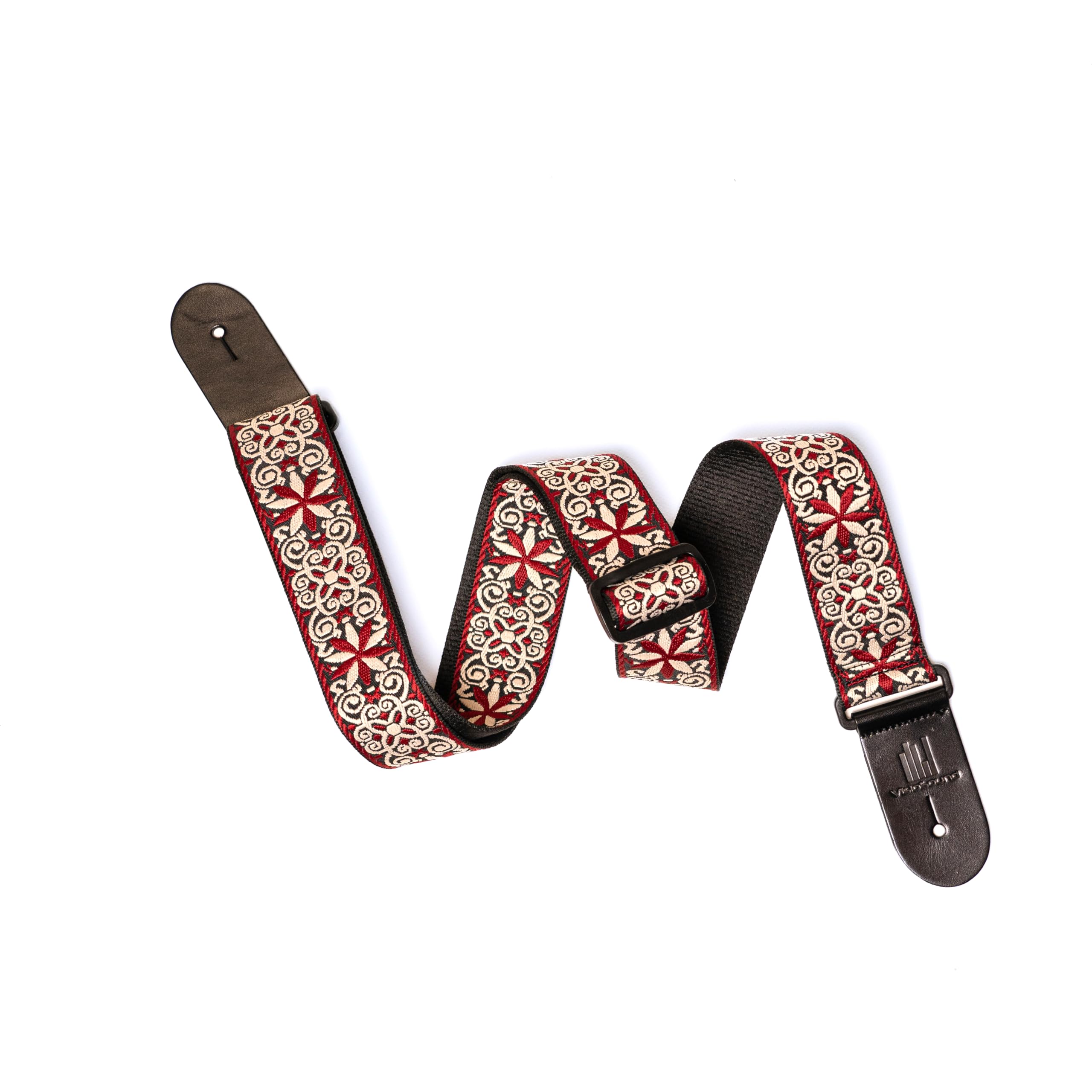 Visiosound Unisex Red Jacquard Guitar Strap - 2" Nylon Cotton Full Grain Italian Leather End Guitar Straps For Bass, Electric And Acoustic Guitars (Red Jacquard)