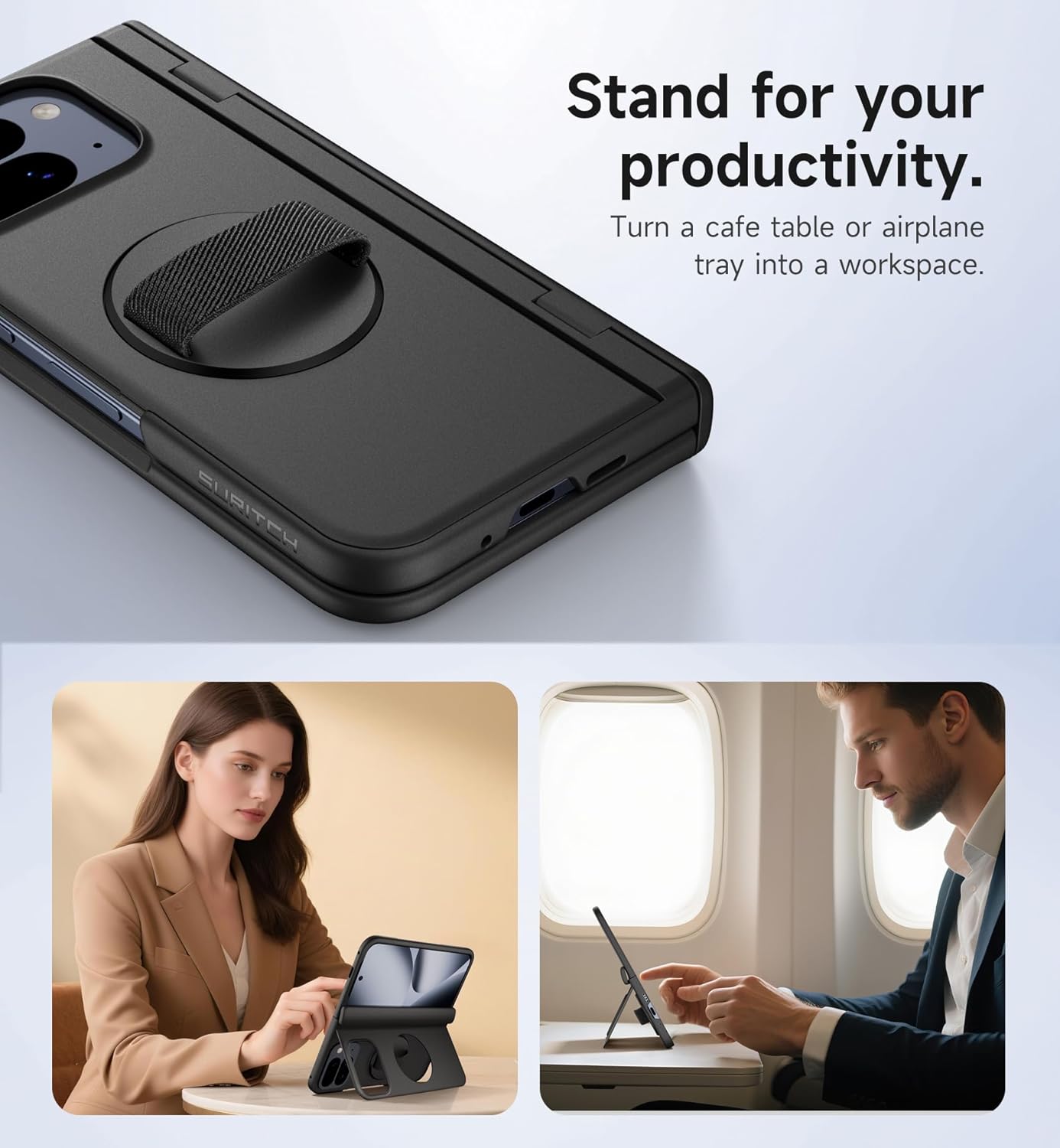 SURITCH for Google Pixel 10 Pro Fold Case with 360° Rotatable Hand Strap Phone Grip Holder & Invisible Kickstand & Screen Protector, Protective Cover for Pixel 10 Pro Fold -Black