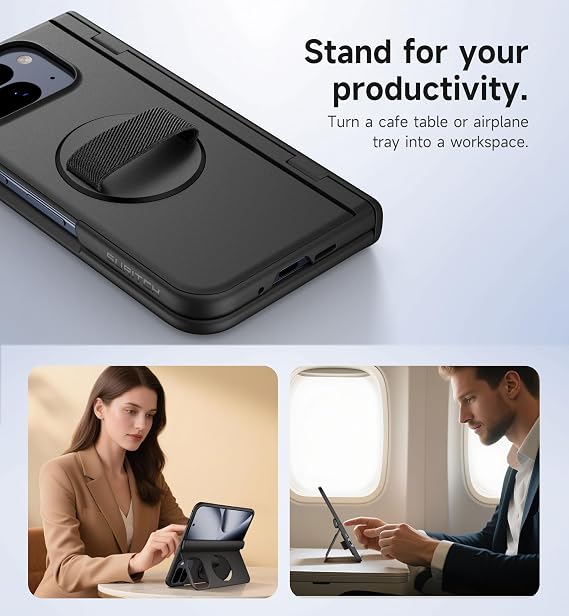SURITCH for Google Pixel 10 Pro Fold Case with 360 Rotatable Hand Strap Phone Grip Holder & Invisible Kickstand & Screen Protector, Protective Cover for Pixel 10 Pro Fold -Black