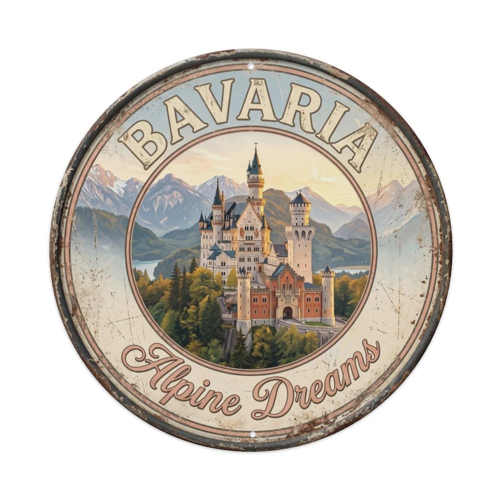 Vintage Travel Bavarian Castle Alpine Dreams Metal Tin Sign Plaque Wall Decor for Cafe, Club, Garden Round Metal Poster 8x8Inch