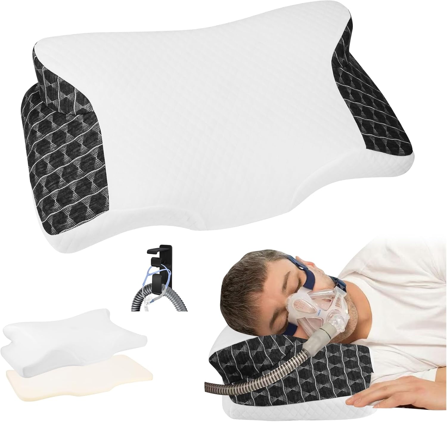 Cervical Neck CPAP Pillow for Side, Stomach, Back Sleepers to Neck Pain Relief - Ergonomic Adjustable Height Memory Foam Pillow for Neck Support - Include CPAP Hose Holder-Keep The Hose Off The Floor