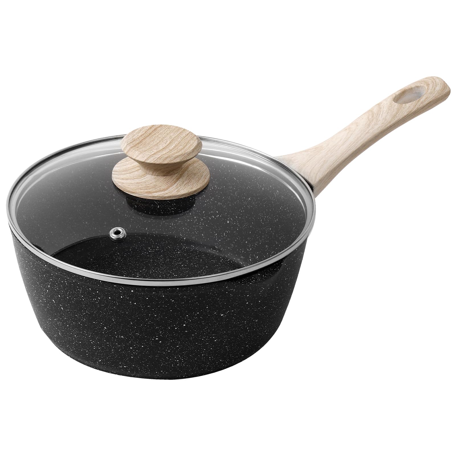 Saucepan with Lid, Nonstick Milk Pan Suitable with Induction, Gas and Electric Hobs, Cooking Pot with Pour Spout. (Black, 16cm)