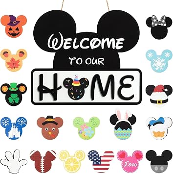 SUPYFD 19Pcs Cute Mouse Interchangeable Seasonal Welcome Door Sign for Front Door Decor, Welcome to Our Home Sign with Interchangeable Holiday Pieces for Farmhouse/Wall/Porch Decor and Housewarming
