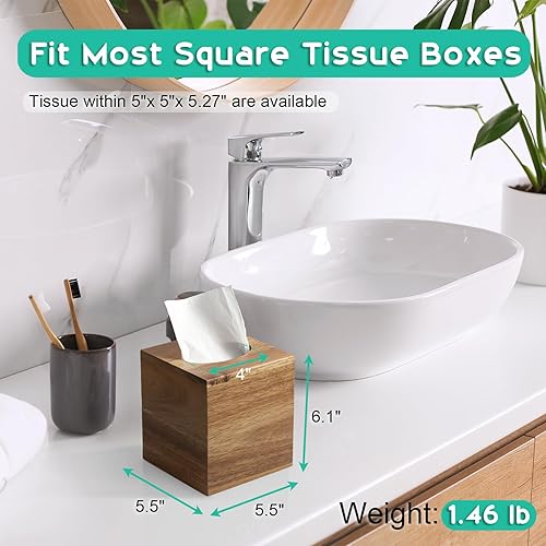 Miniatura 7 de ALELION Caja de pañuelos cuadrada  Soporte para caja de pañuelos de madera de acacia para mesitas de noche de mesa, baño y oficina, cubierta