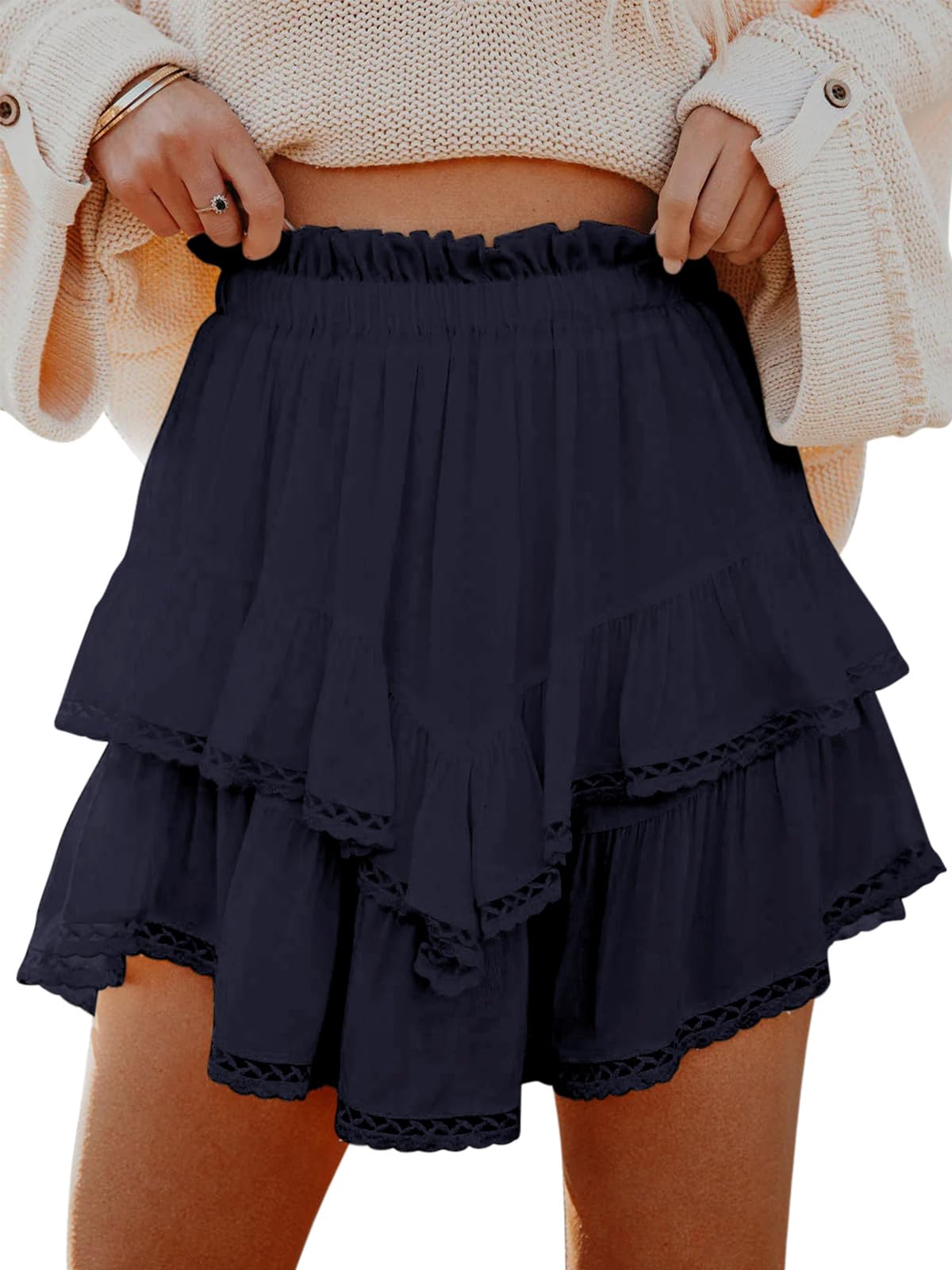 Flowy Shorts for Women Casual Boho Ruffle Tiered Skorts High Waist Mini Skirts Golf Tennis Crochet Shorts-image-13