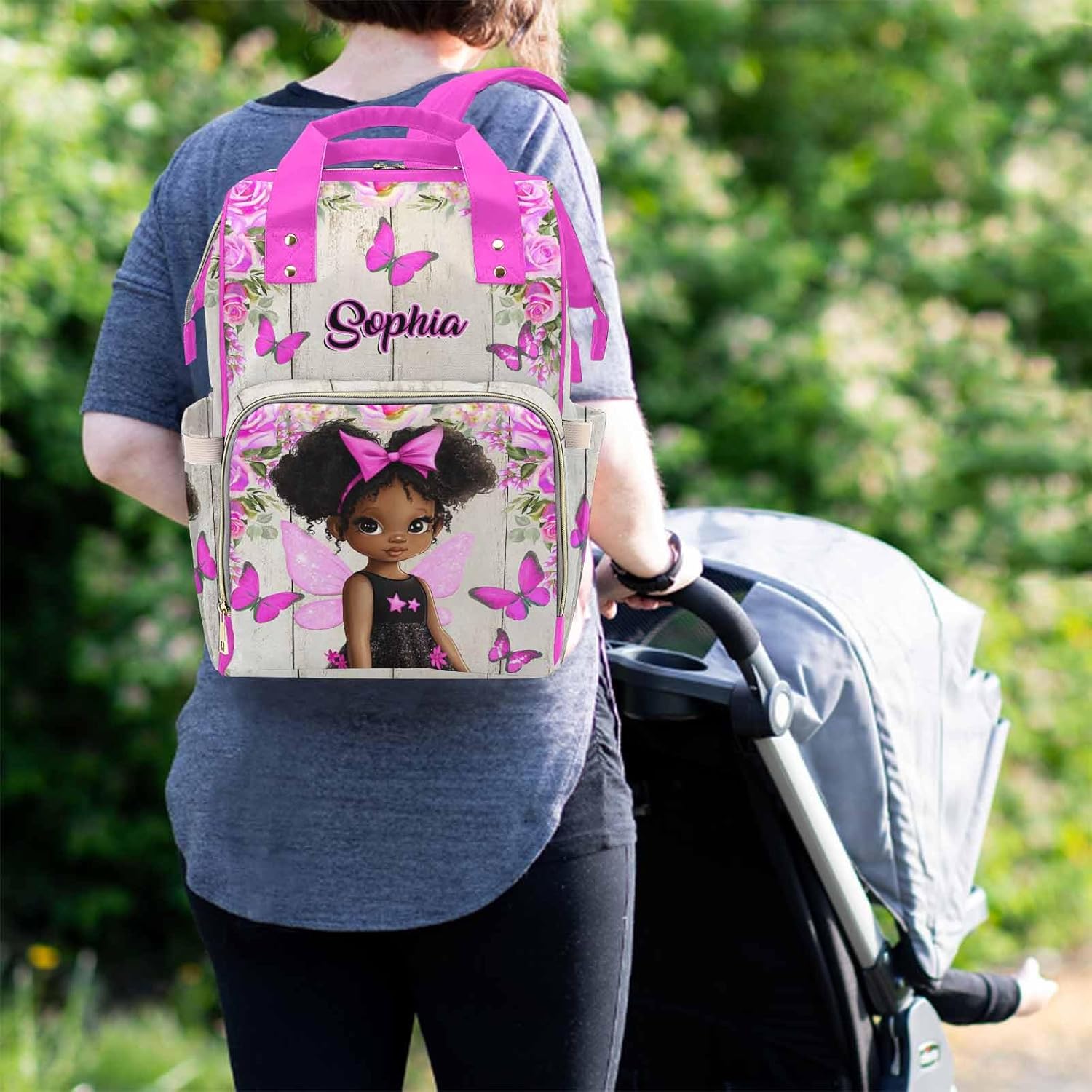 Newcos Custom Pink Baby Diaper Bag for Women, Personalized Name Mommy Nursing Daypack with Flower for Baby Travel Birthday Mother's Day Customized Diaper Bag for Women New Mom Pink