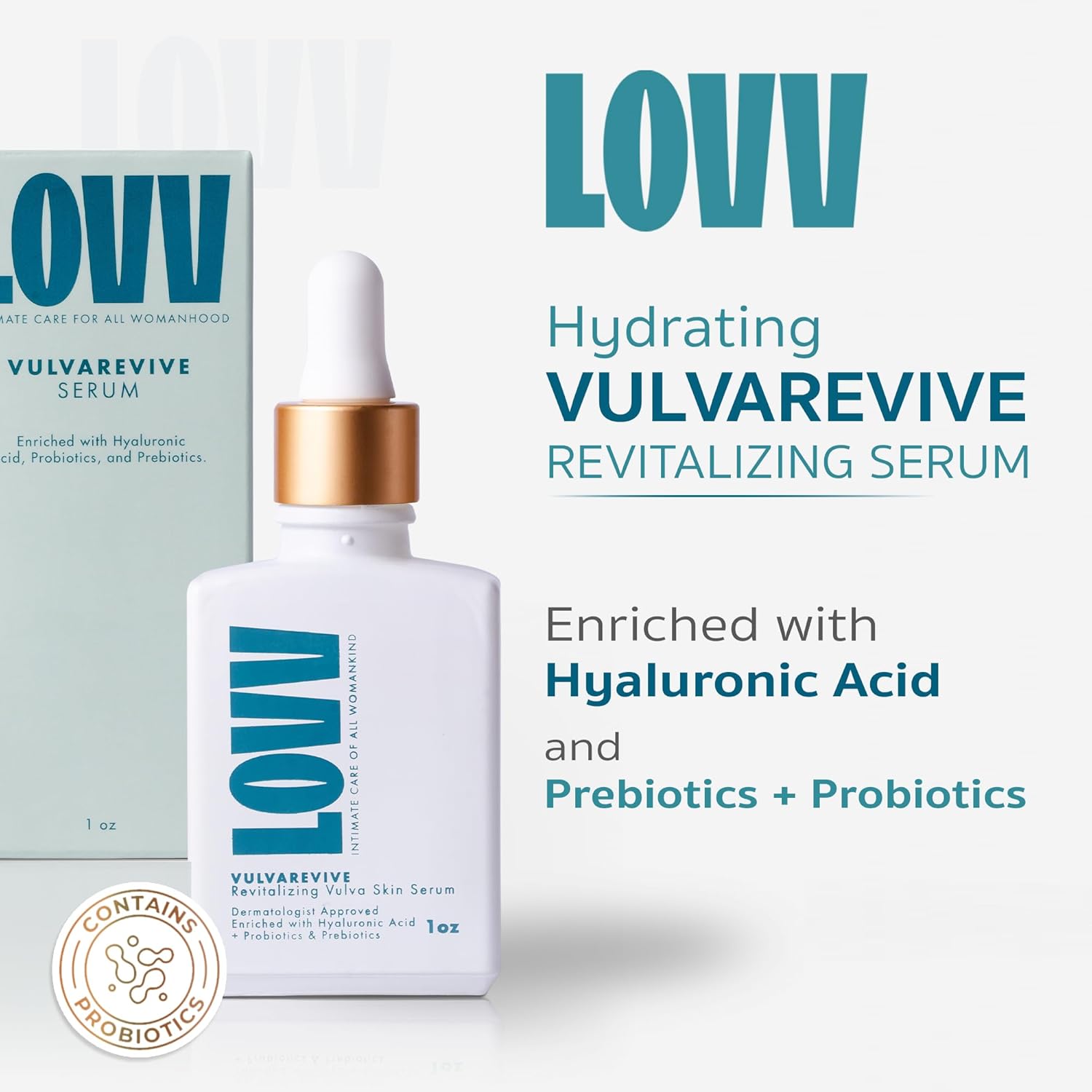 LOVV VulvaRevive Vulva Serum | 1 Fl Oz | Prebiotic and Probiotic Fast Absorbing Moisturizer Serum For Women with Hyaluronic Acid Skin Care Soothes Dryness Sensitive Skin Restores Balance and Comfort