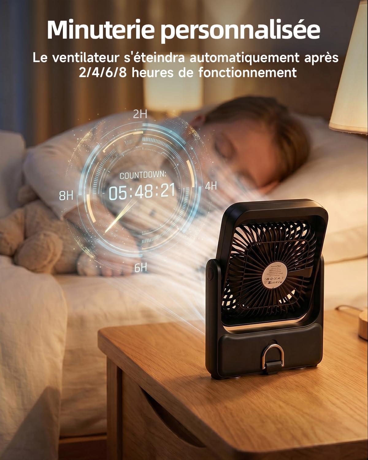 WOWDSGN Ventilateur portable, 10000 mAh Rechargeable Batterie, avec Télécommande, Fixation Magnétique et Suspendue, 4 Vitesses, Timing, Rotation 135°, Pour Camping, Bureau (Noir, Éclairage LED)