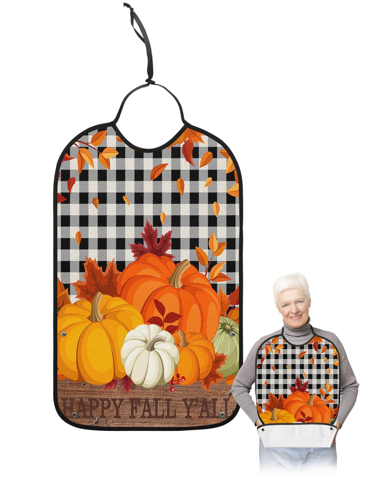 Pumpkins Fall Adult Bib for Eating with Crumb Catcher,Washable & Waterproof Terry Cloth Adjustable Elderly Women Men Bibs Funny Clothing Protector Thanksgiving Farmhouse Black White Buffalo Plaid