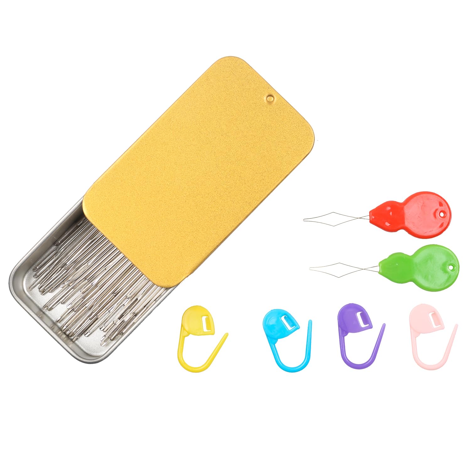 80pcs Large Eye Sewing Needles Set - 8 Sizes, Embroidery, Leather &amp; Yarn Needles with Threaders &amp; Stitch Markers (Golden 80pcs)