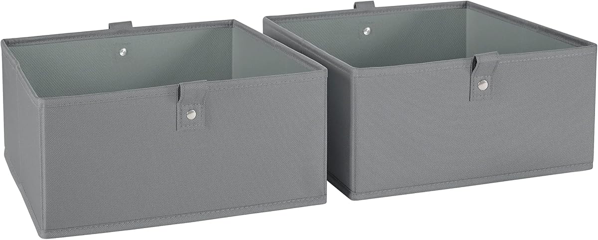 Contenedores de almacenamiento plegables RiverRidge - Paquete de 2 cubos grises de 5 pulgadas de alto | Contenedores de tela, juego de 2 cubos de almacenamiento, manijas con lengüeta, organizador de armario para sala de juegos, cubículo plegable con tablero inferior