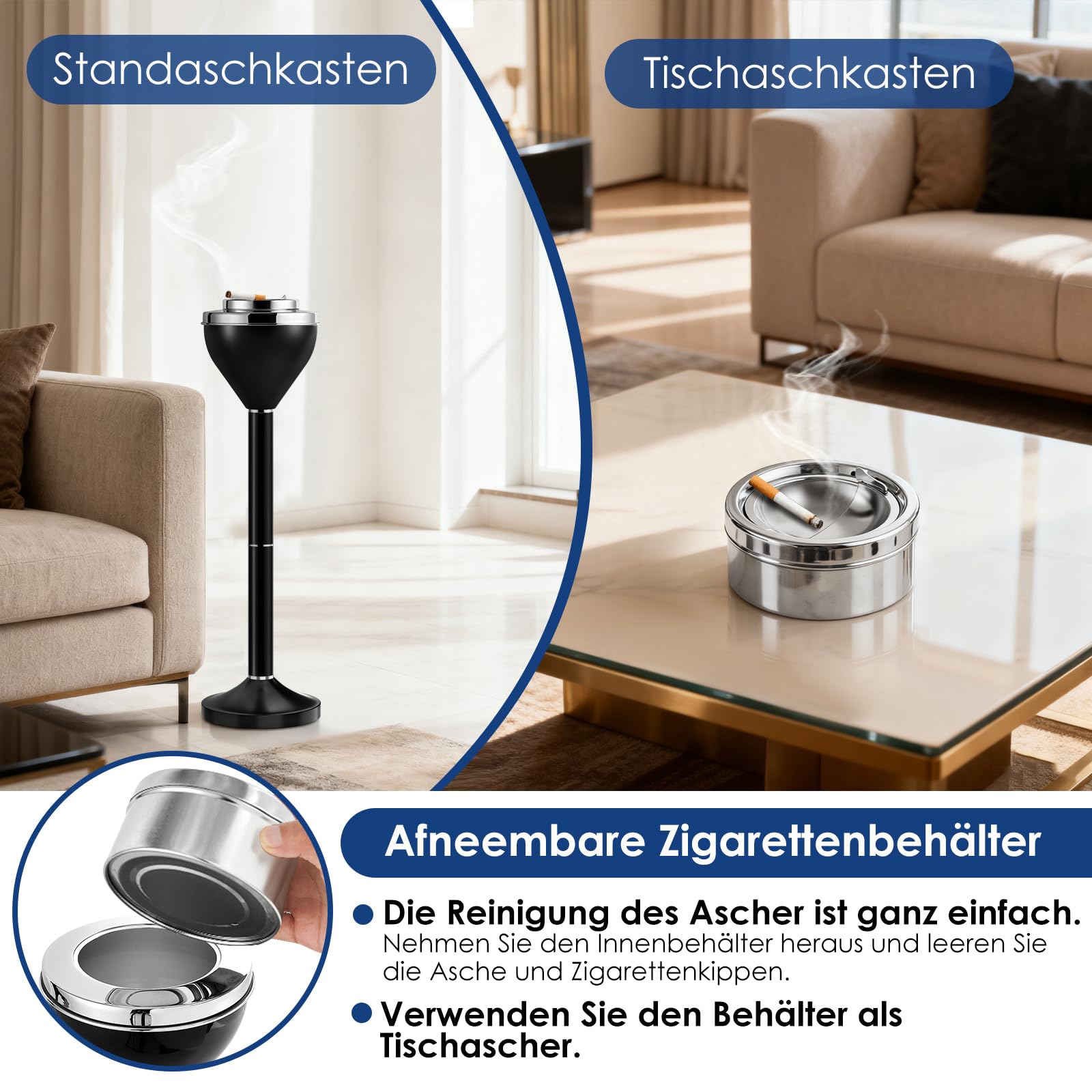 Aschenbecher, Stand Aschenbecher für draussen, 42 & 61.5 cm Verstellbarer Aschenbecher mit Deckel, Schwarzer Standaschenbecher Für draußen, Afneembare Standaschenbecher mit Zware Basis für Haus, Büro