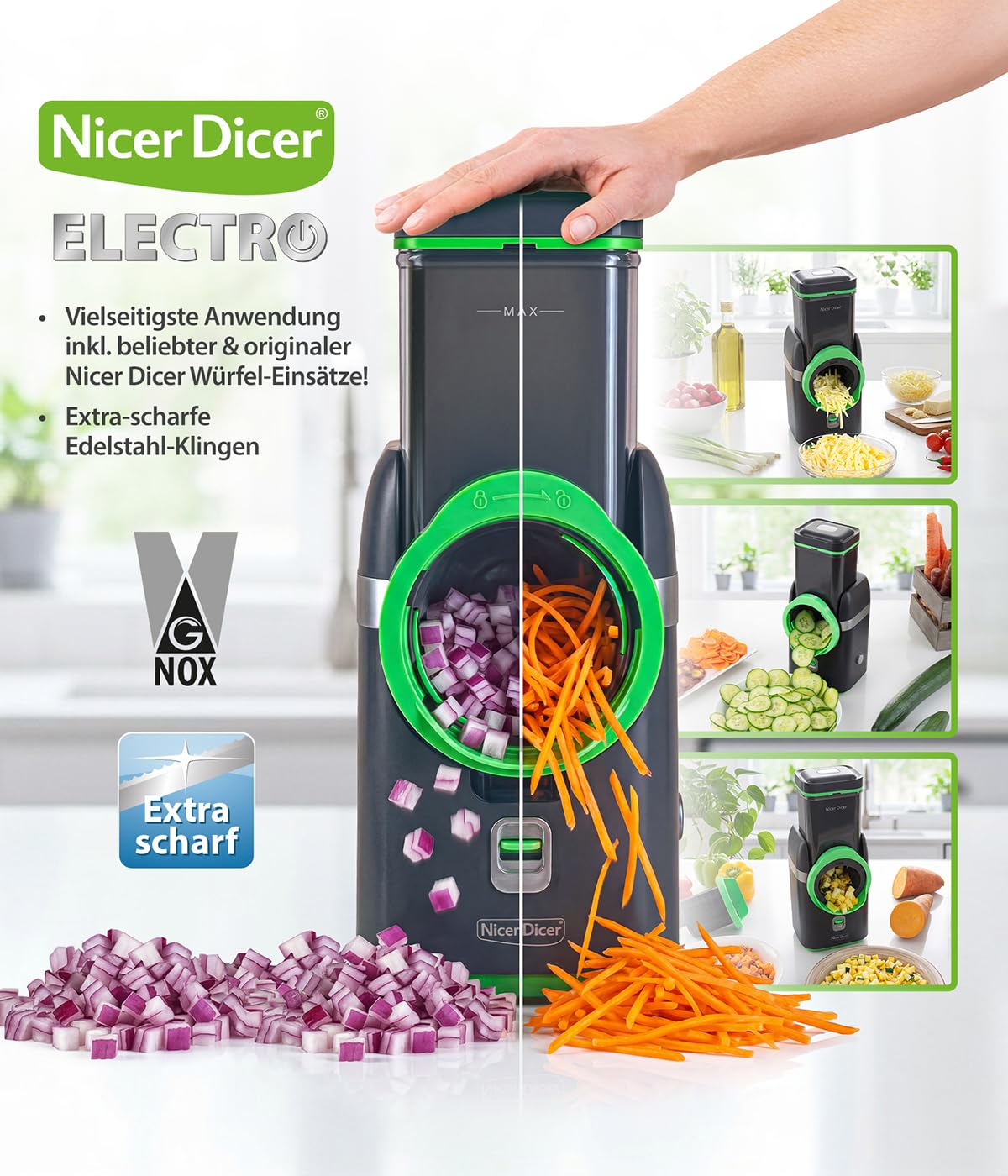 Genius Nicer Dicer Electro + Kontaktgrill Set 38-tlg. Elektrischer Gemüseschneider für Obst, Gemüse & Nüsse inkl. Elektrogrill mit abnehmbaren Antihaft-Grillplatten für Sandwiches & Steak