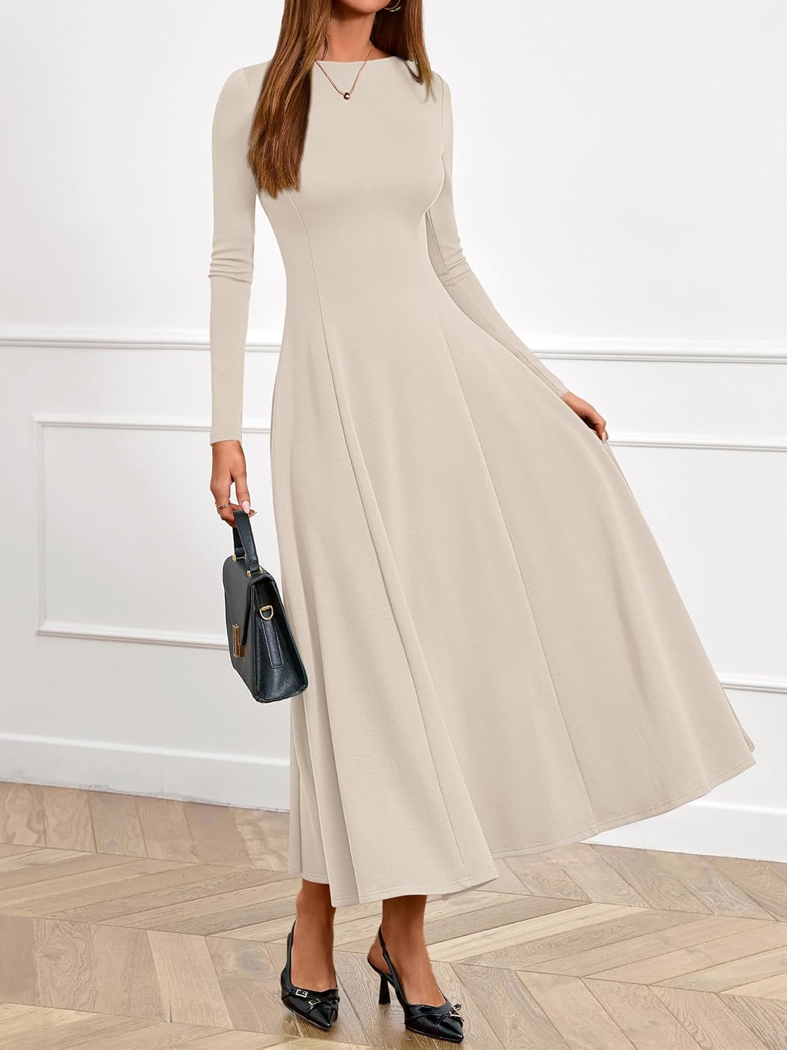 BTFBM Spring Dresses for Women 2026 Trendy Boat Neck Long Sleeve A Line Flowy Knit Loose Casual Elegant Party Maxi Dress - Image 8