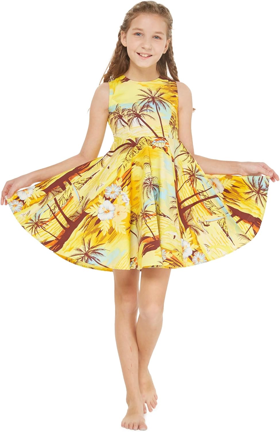Girl Hawaiian Vintage Fit and Flare Dress in Sunset with Dolphin