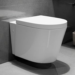 HOROW Wall Hung Toilet HR-WT01W, Compact In Wall Toilet with Soft Closing Seat, 1.1 GPF/1.6 GPF Dual Flush Round Toilet Bowl for Modern Bathroom, Wall Mounted Design, White Ceramic