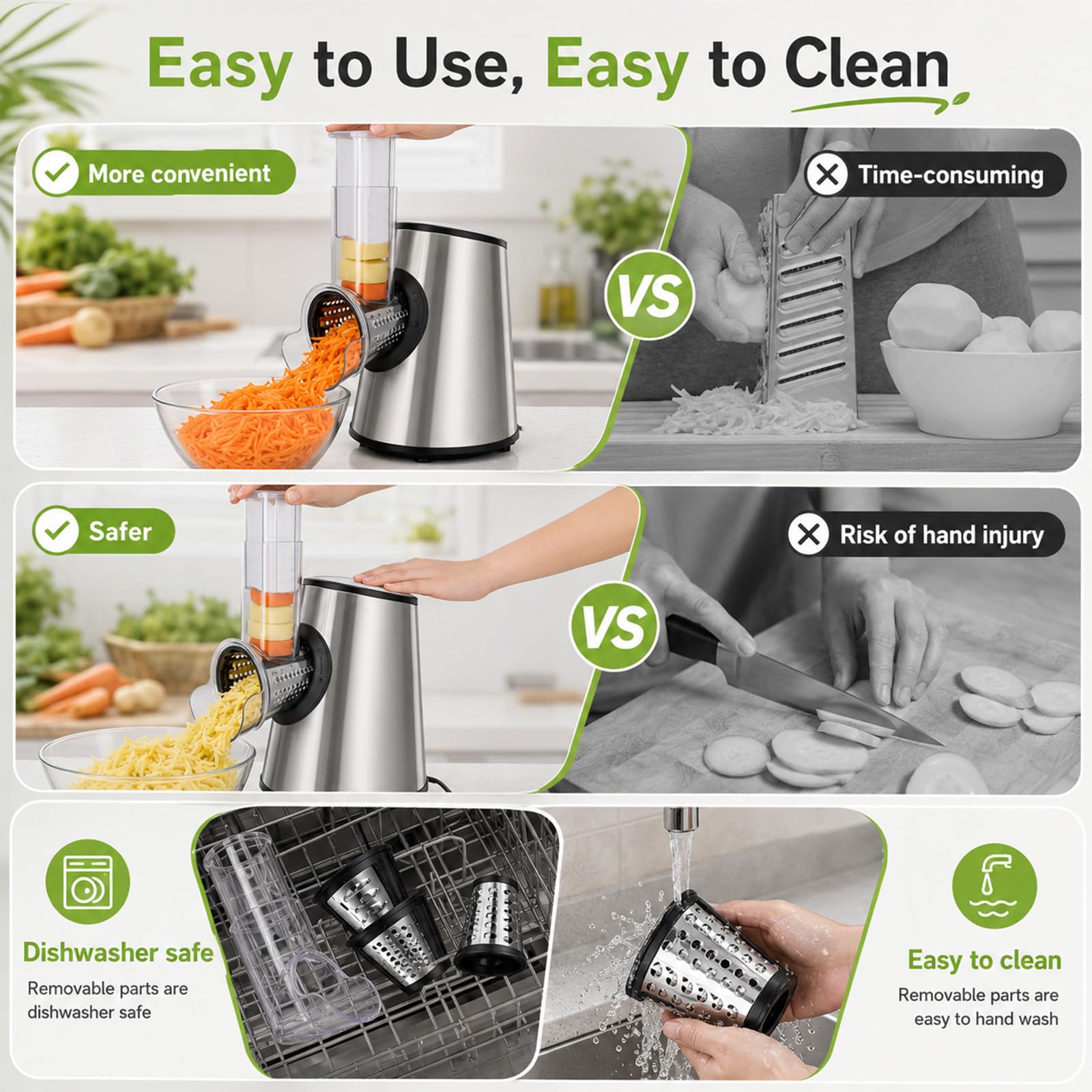 Rallador Eléctrico Profesional 5 en 1, 800 W con 5 Conos en Acero Inoxidable, Cortador y Picadora Multifunción con Apertura Grande de 9 cm para Frutas, Verduras, Queso, Nueces, Zanahorias, Gris