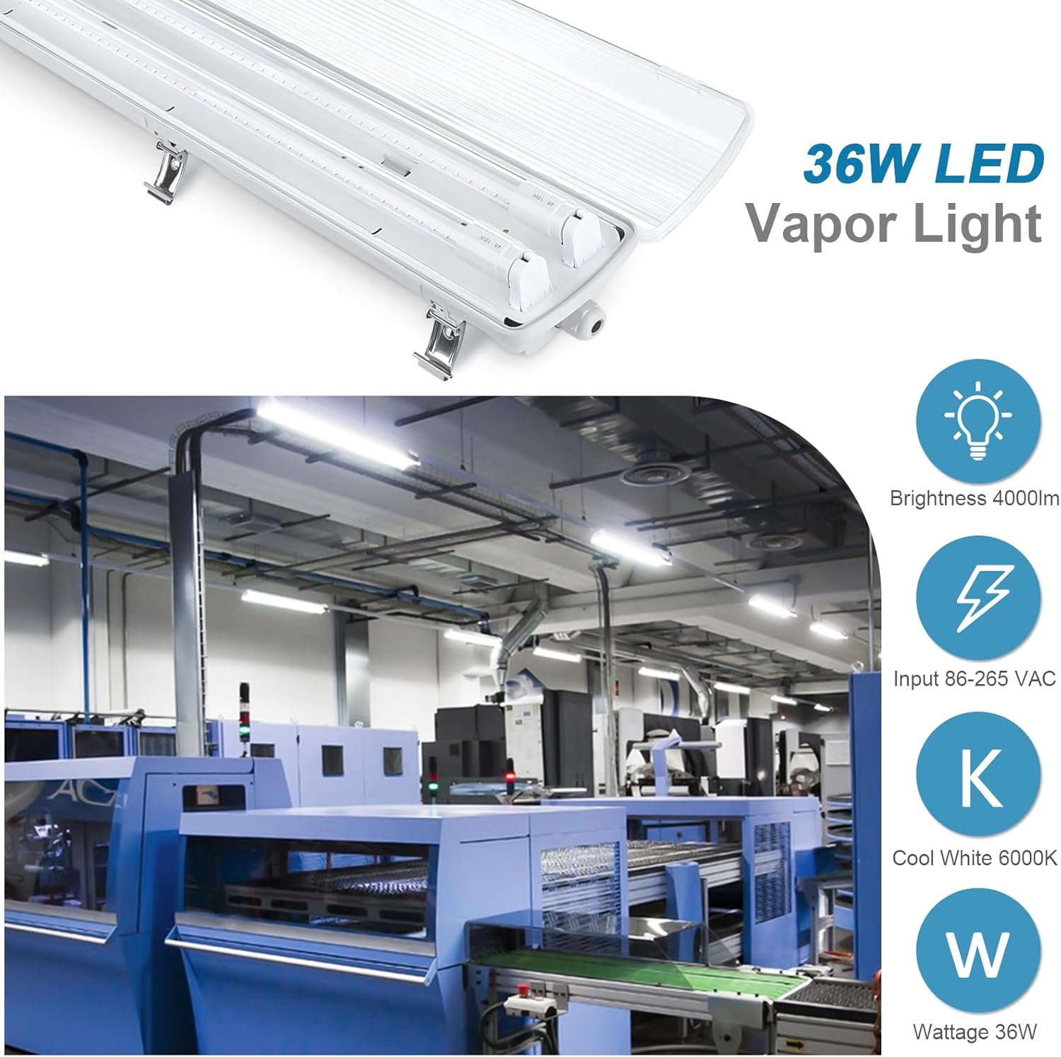BRILLIHOOD LED Vapor Proof 4ft Light Fixture, 36 Watt, 4000lm, 6000K (Bright White), Clear Cover, IP65 Waterproof 4' Long Overhead Shop Light, Indoor Outdoor Lighting, 4-Pack