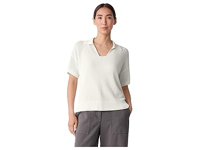 Eileen Fisher Cotton Silk Cord Short Sleeve Johnny Collar Sweater Women