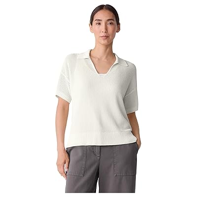 Eileen Fisher Cotton Silk Cord Short Sleeve Johnny Collar Sweater Women