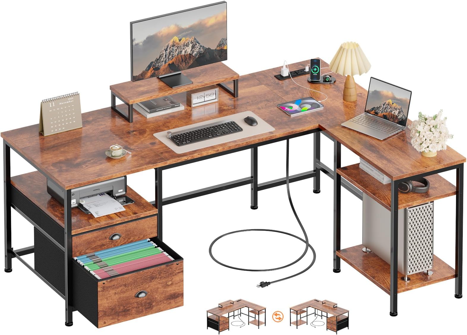 Furologee L Shaped Computer Desk with Power Outlet, Reversible Home Office Desk for Work Study, 50 Inch Corner Gaming Table with File Drawer, Monitor Stand, Storage Shelves, Rustic Brown