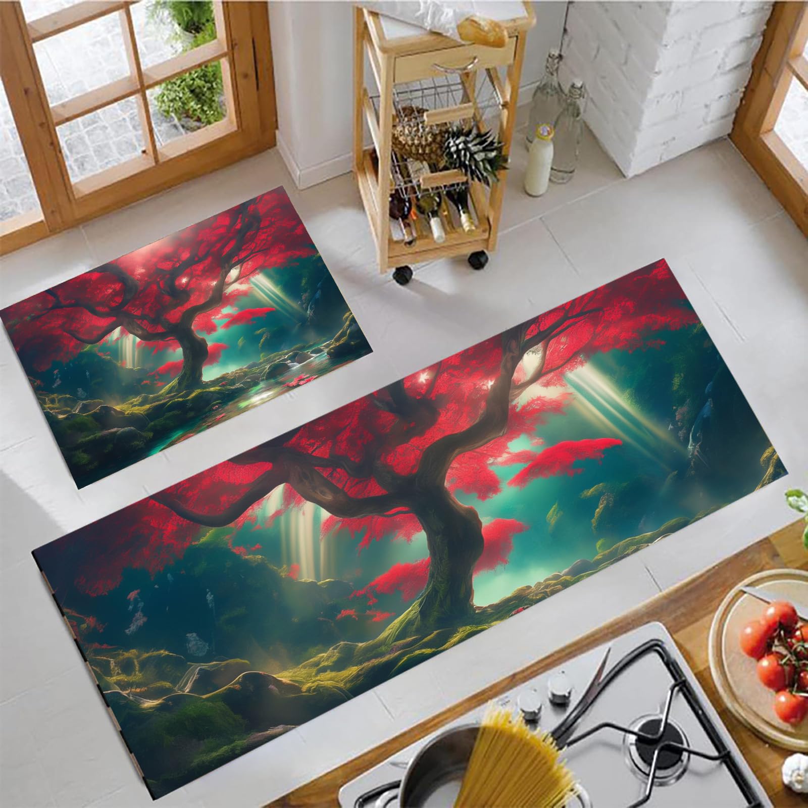 Alfombras antideslizantes de cocina con diseño de árbol de arce y soporte antifatiga duradero
