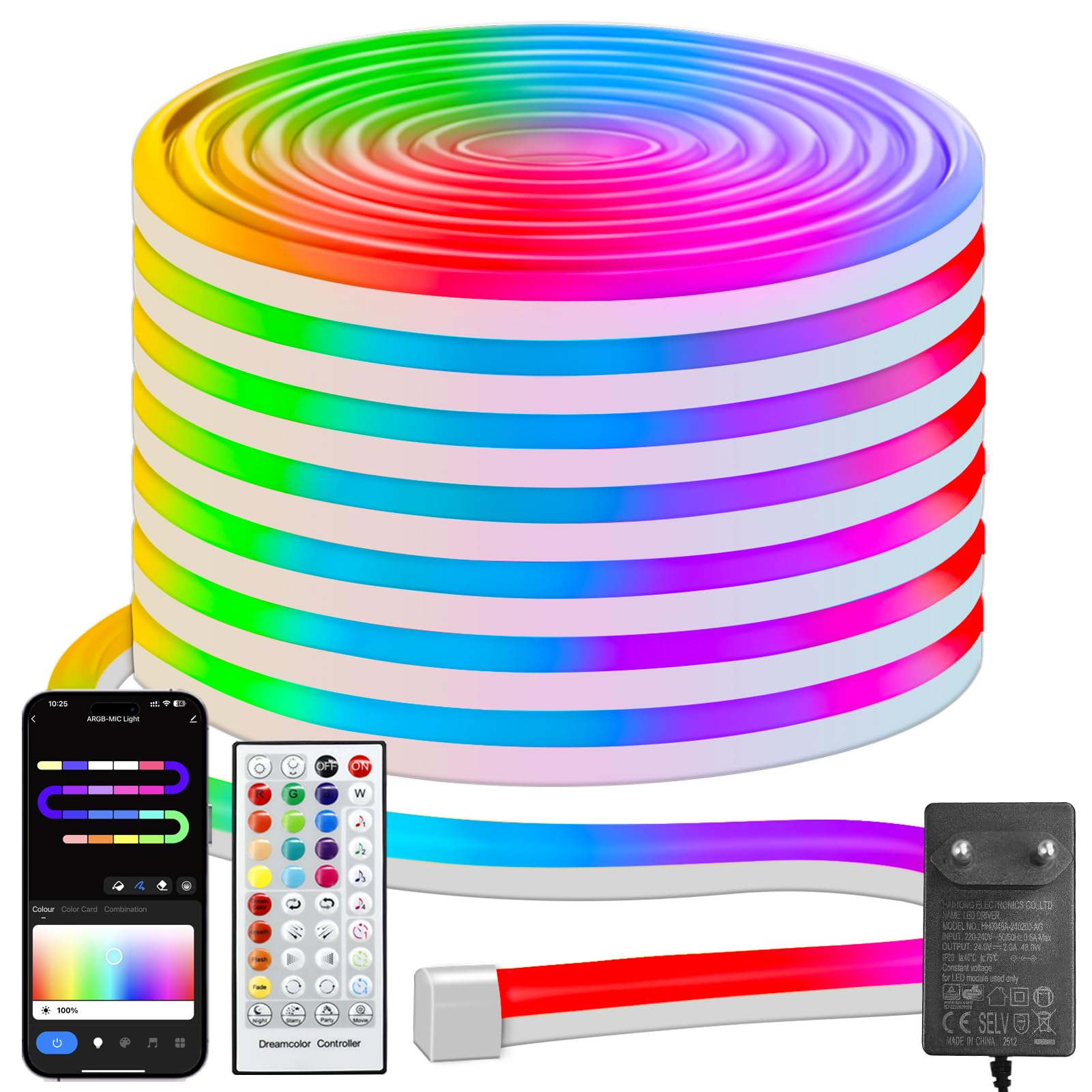 Smart Alexa Neon LED Strip 10M, RGB mit IC LED Streifen mit Fernbedienung APP Steuerung Timer LED Leiste Musik Sync DIY Flexibel Band für Wohnzimmer Außen Dekor (Alexa & Google Assistant)
