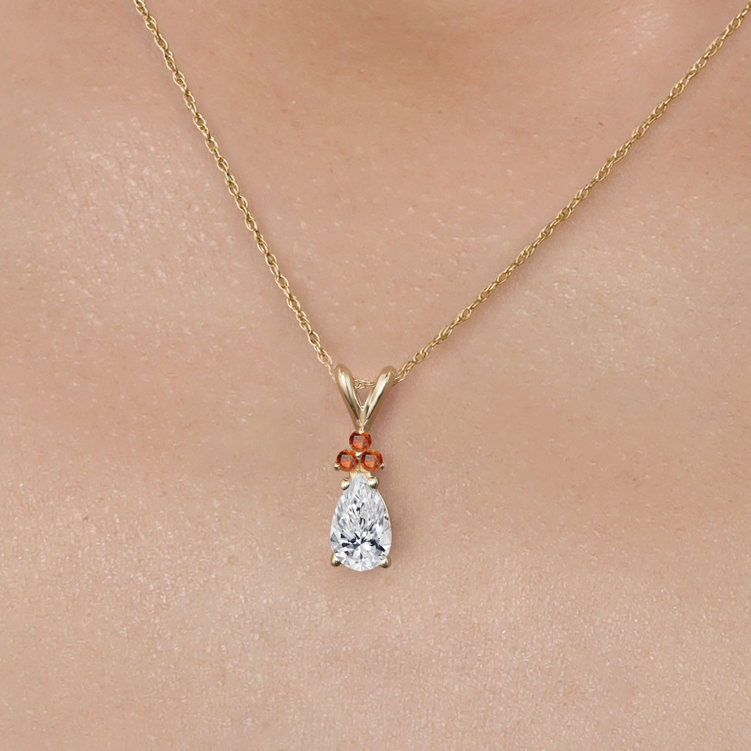Gem Stone King 14K Yellow Gold DEF Lab Grown Diamond and Orange Sapphire Pendant Necklace for Women | 0.79 Cttw | Gemstone April Birthstone | Pear Shape 8X5MM | With 18 Inch Chain - Image 3
