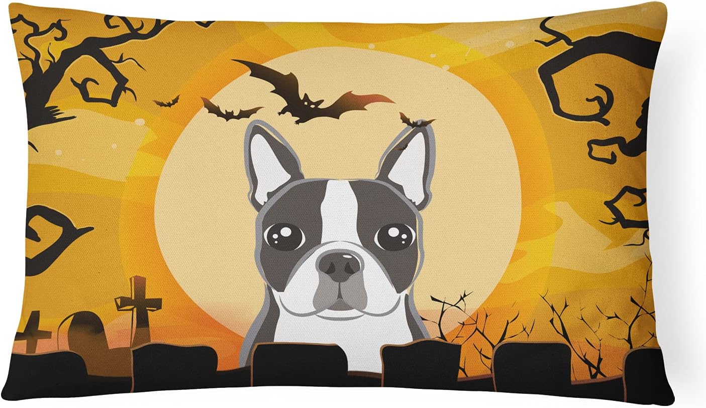 Caroline's Treasures BB1761PW1216 Halloween Boston Terrier Canvas Fabric Decorative Pillow Machine Washable, Indoor Outdoor Decorative Pillow for Couch, Bed or Patio, 12HX16W