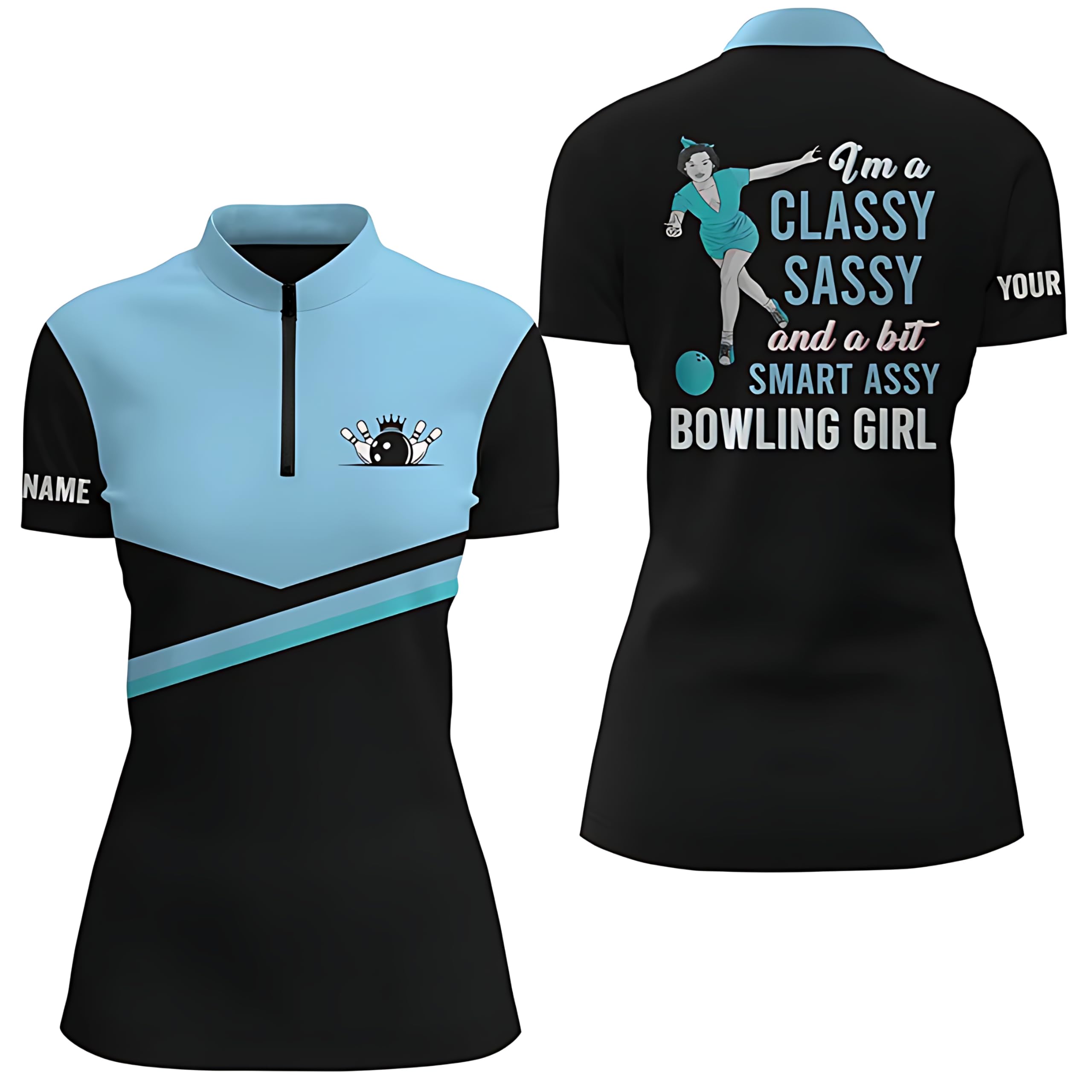Personalized Bowling Shirt for Women | Black Blue | Quarter Zip | Q5303