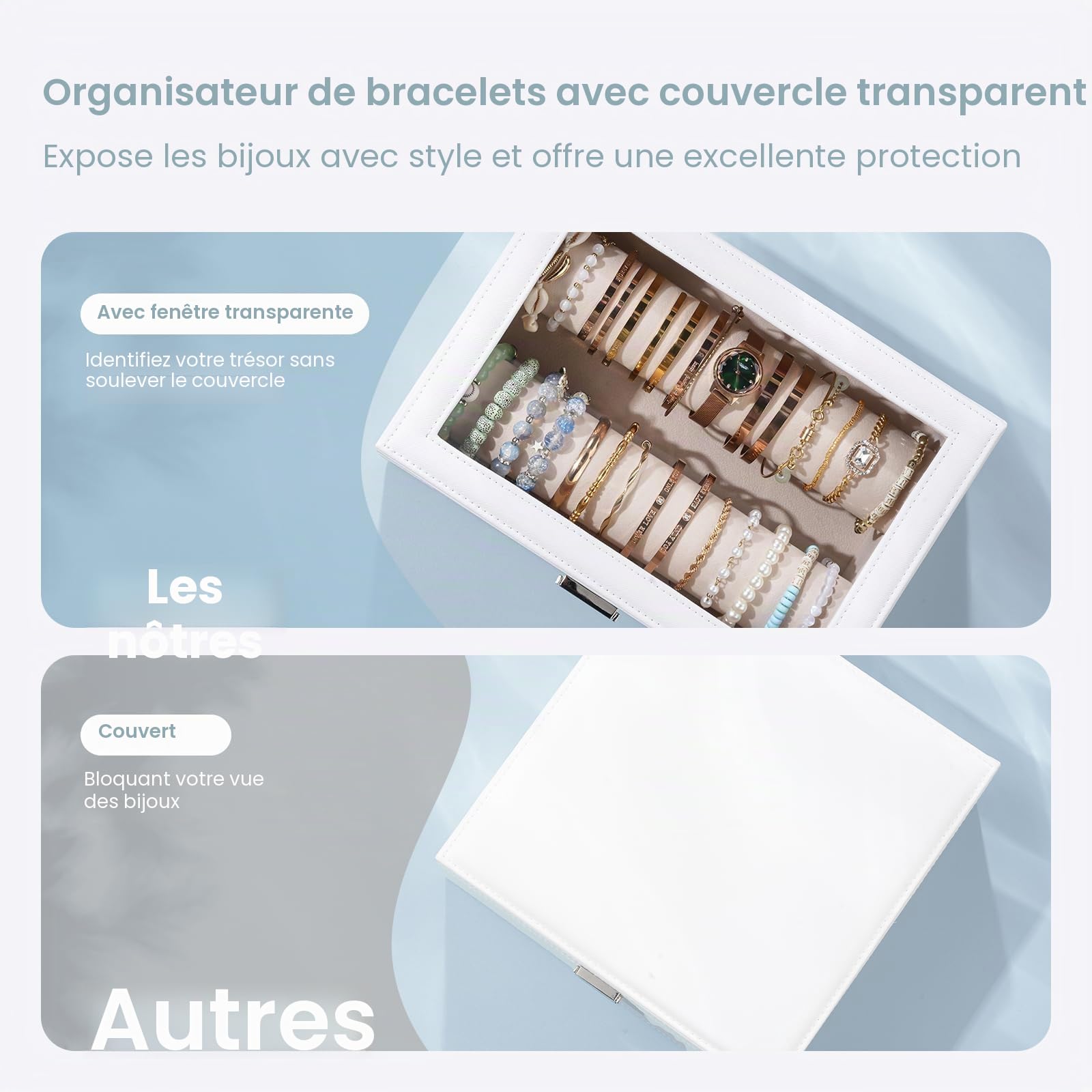 Lolalet Organisateur de Bracelets, Boîte à Bracelets et Montres avec Couvercle Transparent, Présentoir à Bijoux pour Femmes et Filles -2 Coussins, Noir