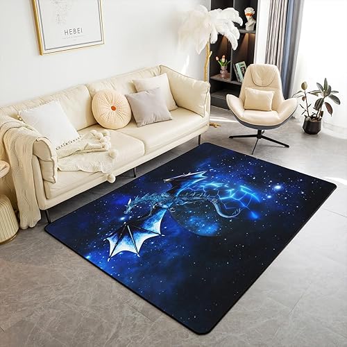 Alfombra de área de dragón de 5 x 7 pies, alfombra de universo galaxia, alfombra de forro polar para interiores, espacio exterior, alfombra azul