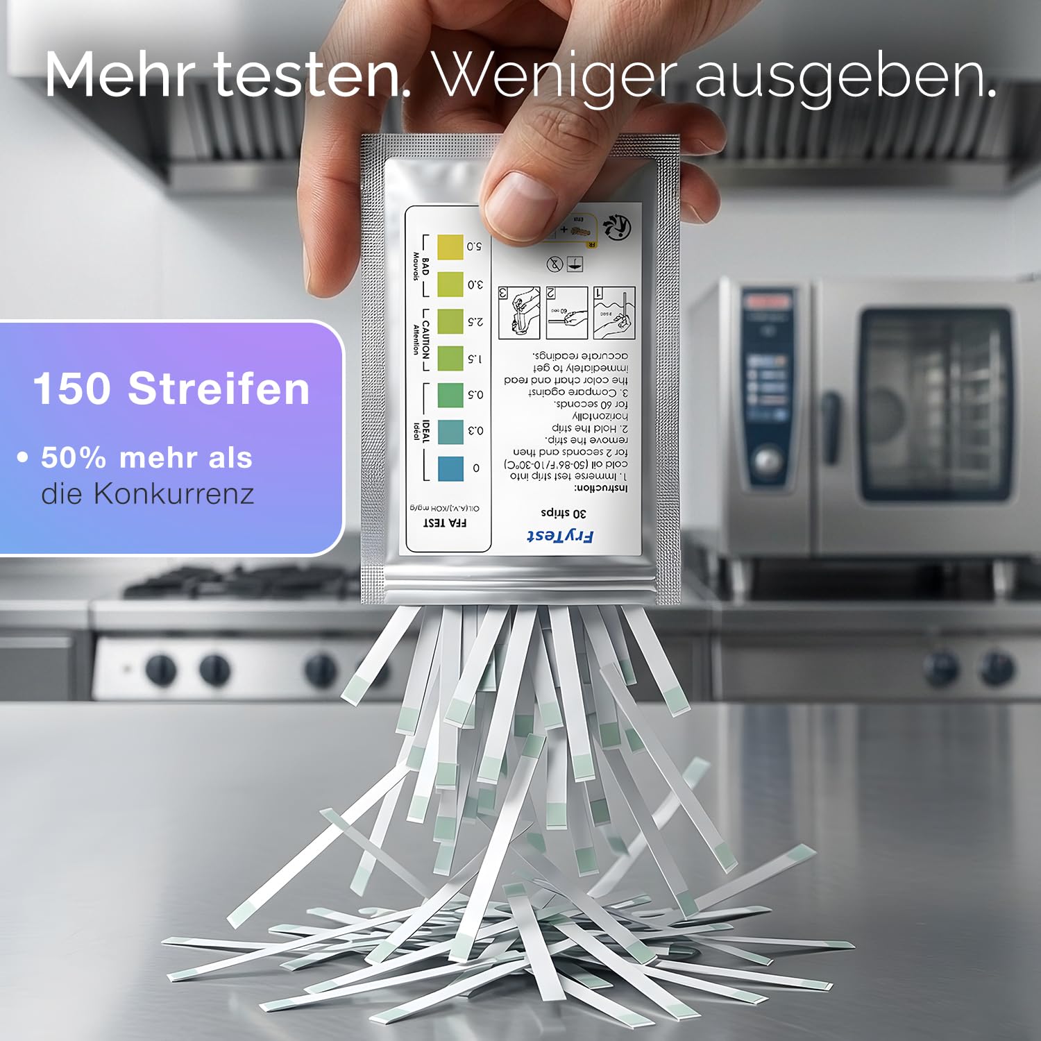 Frittieröl Teststreifen FFA – GRATIS-APP INKLUSIVE – HACCP Qualitätskontrolle – ISO 9001 zertifiziert – 150 Teststreifen – Fritteusen-Öltester Restaurants Profiküche