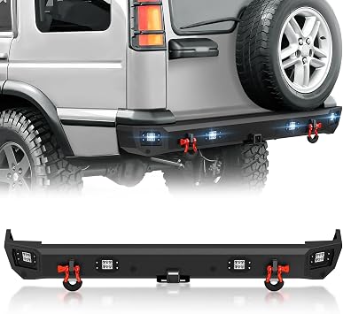 Rear Bumper Compatible with 1999-2004 Land Rover Discovery 2 Off-Road Rear Bumper Built-in 2" Standard Hitch Receiver, Sensor Mounting Holes & D-rings, Textured Black