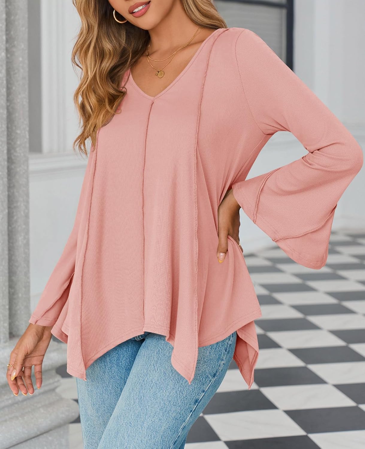 Tankaneo Womens Long Bell Sleeve Tops V Neck Asymmetrical Hem Ribbed Shirts Flowy Trendy Loose Fit Tees Tunic Shirts - Image 5