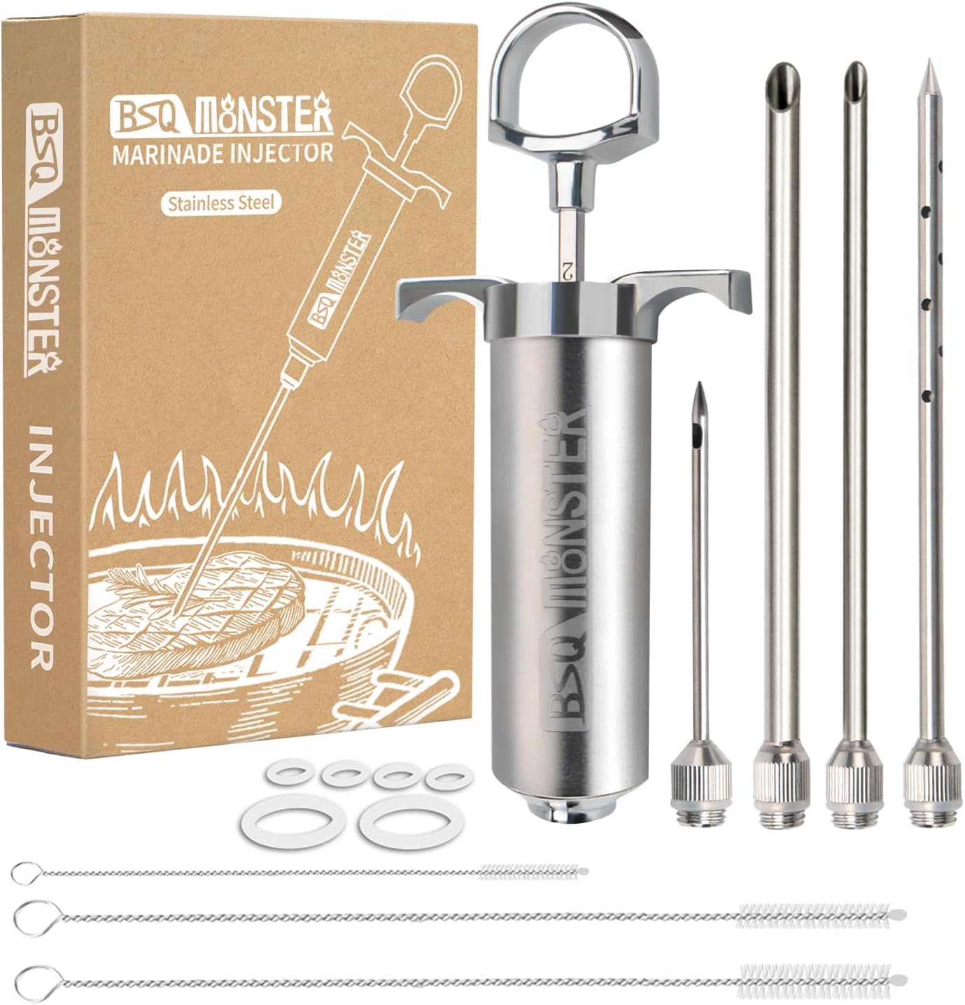BSQ MONSTER Meat Injector Syringe Kit with 4 Professional Marinade Injector Needles for BBQ Grill Smoker, Turkey and Brisket; 2-oz Large Capacity, Including Paper User Manual, Recipe E-Book (PDF)