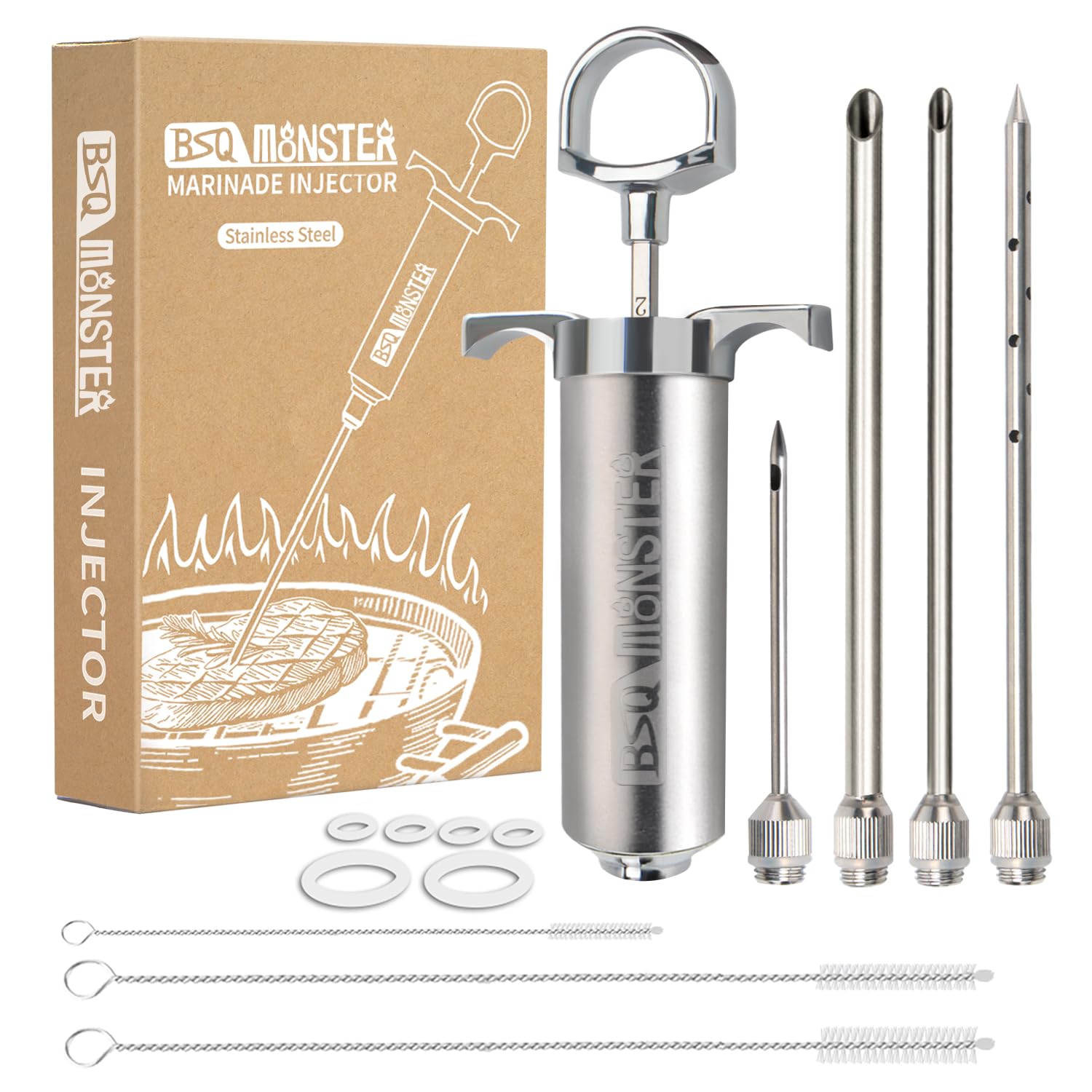 BSQ MONSTER Meat Injector Syringe Kit with 4 Professional Marinade Injector Needles for BBQ Grill Smoker, Turkey and Brisket; 2-oz Large Capacity, Including Paper User Manual, Recipe E-Book (PDF)