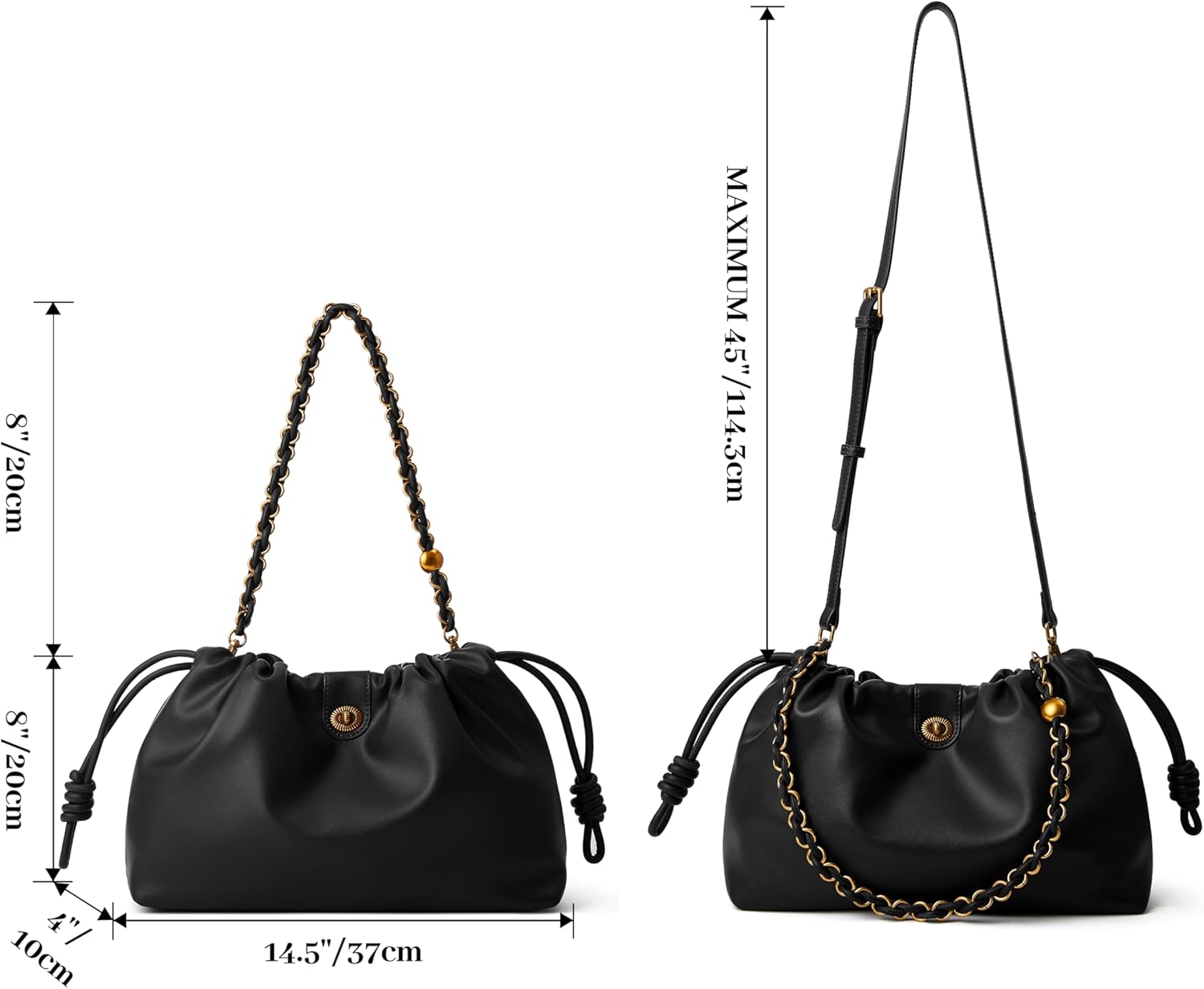 Bucket Hobo Purse for Women. Designer Drawstring Shoulder Bag with Top Chain Tote Handle and Long Crossbody Strap - Image 6