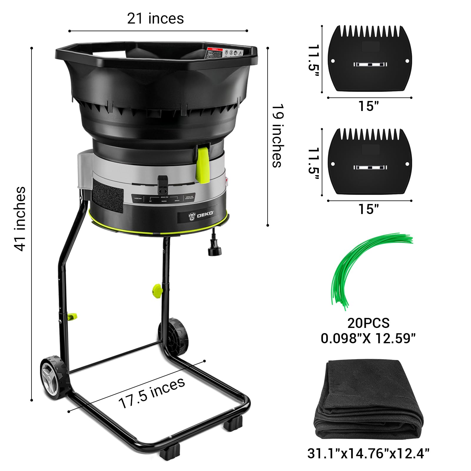 Electric Leaf Mulcher/Shredder: DEKOPRO 15-Amp 8200RPM Motor for 17:1 Reduction Ratio, Adjustable Control Dia with Leaf Scoops Spade, Collection Bag & 20 Cutting Lines - Additional View