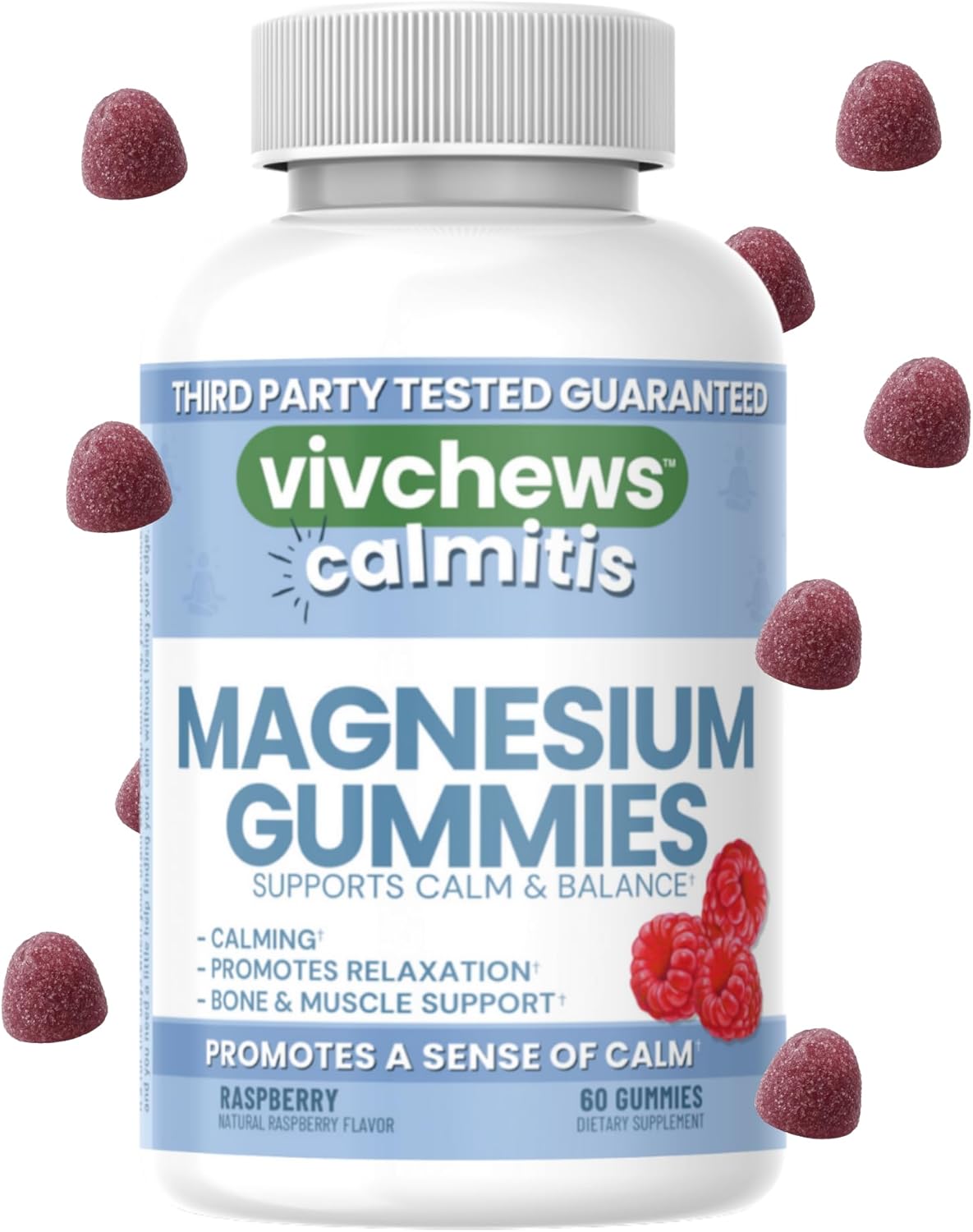 Calmitis Magnesium Gummies – Supports Calm & Balance, Magnesium Citrate, Natural Raspberry Flavor, Fruit Pectin Based, Gelatin-Free, Vegan, No Artificial Colors, Flavors or Sweeteners, 60 ct