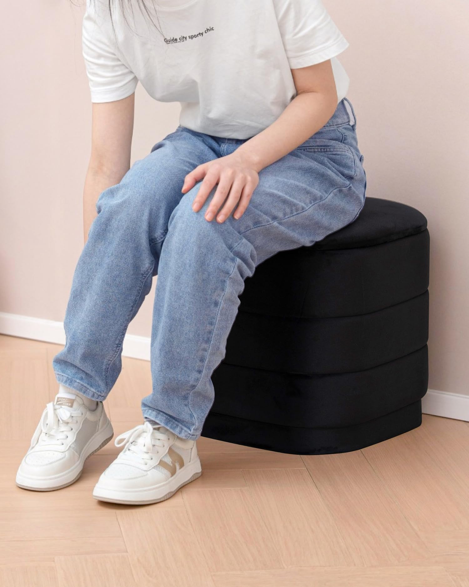 Bonlife otomana con Espacio de Almacenamiento, reposapiés Plegable con Mesa, reposapiés, reposapiés para salón, Dormitorio, Pasillo, Terciopelo Negro, 38 x 38 x 38 cm