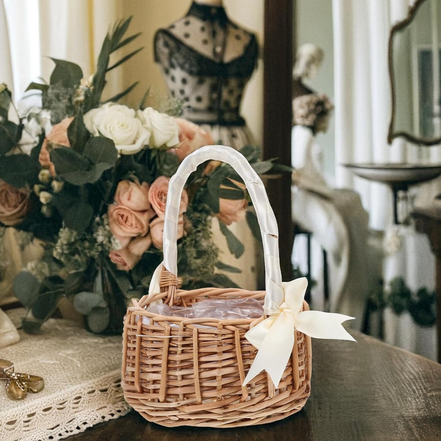 GARVALON Wicker Flower Girl Basket with White Ribbon Bow Handwoven Medium-sized Willow Basket for Weddings Parties and Daily Use