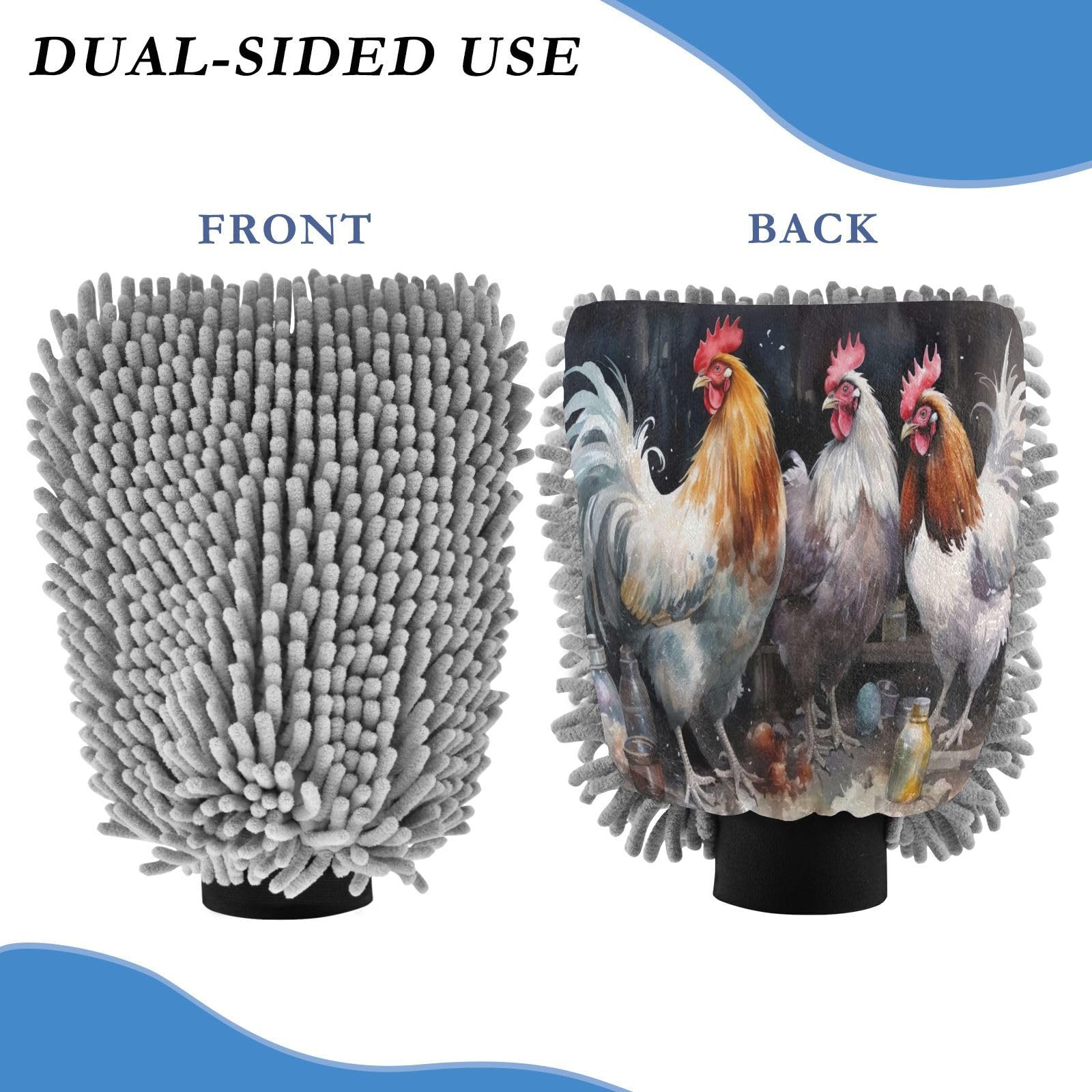 Flradish 2 Pack Vintage Rooster Car Wash Mitt Chenille Microfiber Lint-Free Scratch Free Ultra-Soft Absorbent Car Wash Mitt 11.8x8.07 Inch