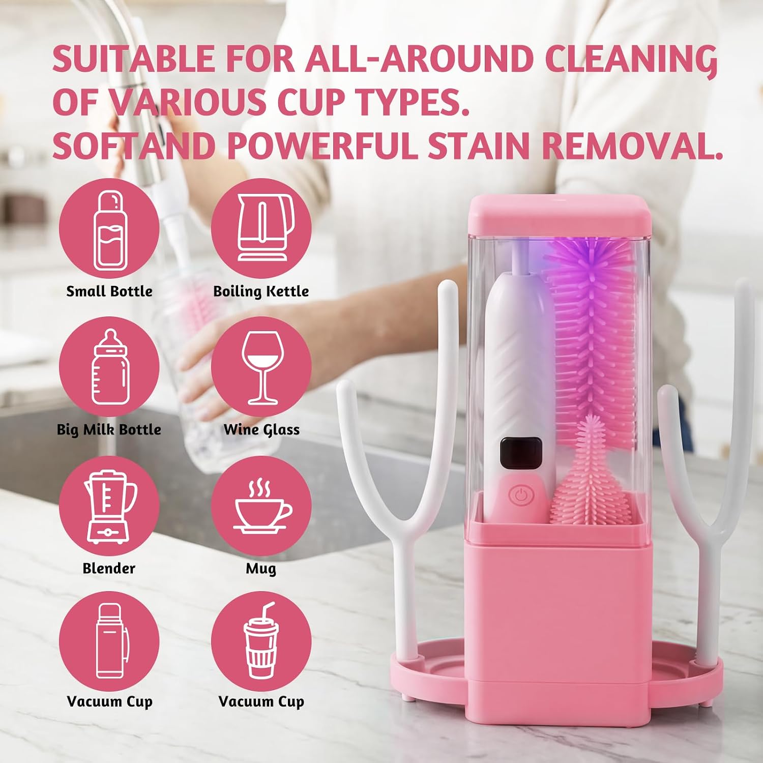 Electric Bottle Brush Cleaner with Drying Rack & LED Display, Rechargeable Baby Bottle Cleaning Kit, 360° Automatic Bottle Washer for Travel & Home, Silicone Spin Brush Set for New Parents, Pink