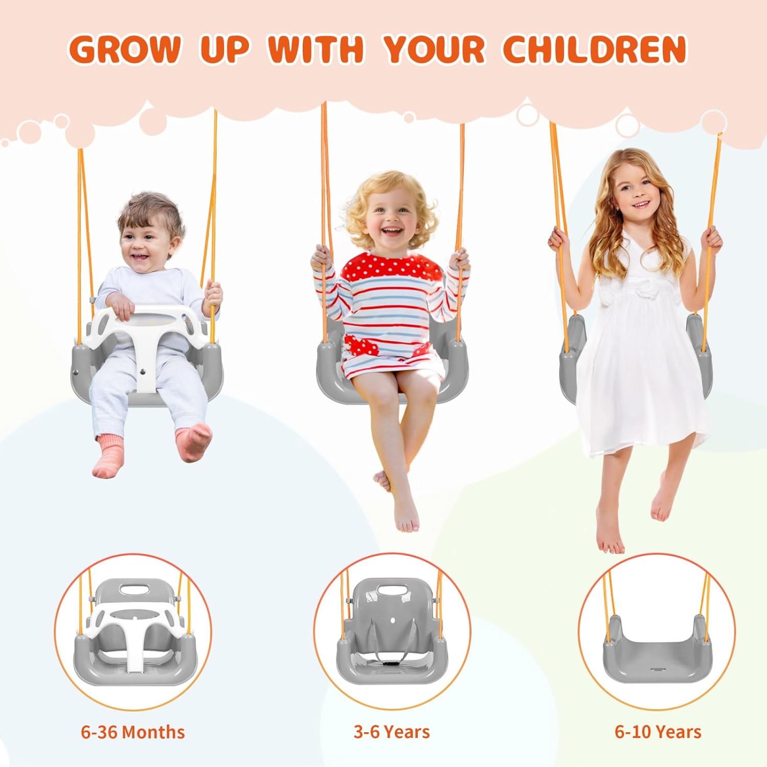 3-in-1 Toddler Swing Set, Indoor & Outdoor Baby Swing Set with Foldable Metal Stand for Backyard, Safe and Durable Design for Aged 1-10 Years, Easy to Assemble & Store (White)