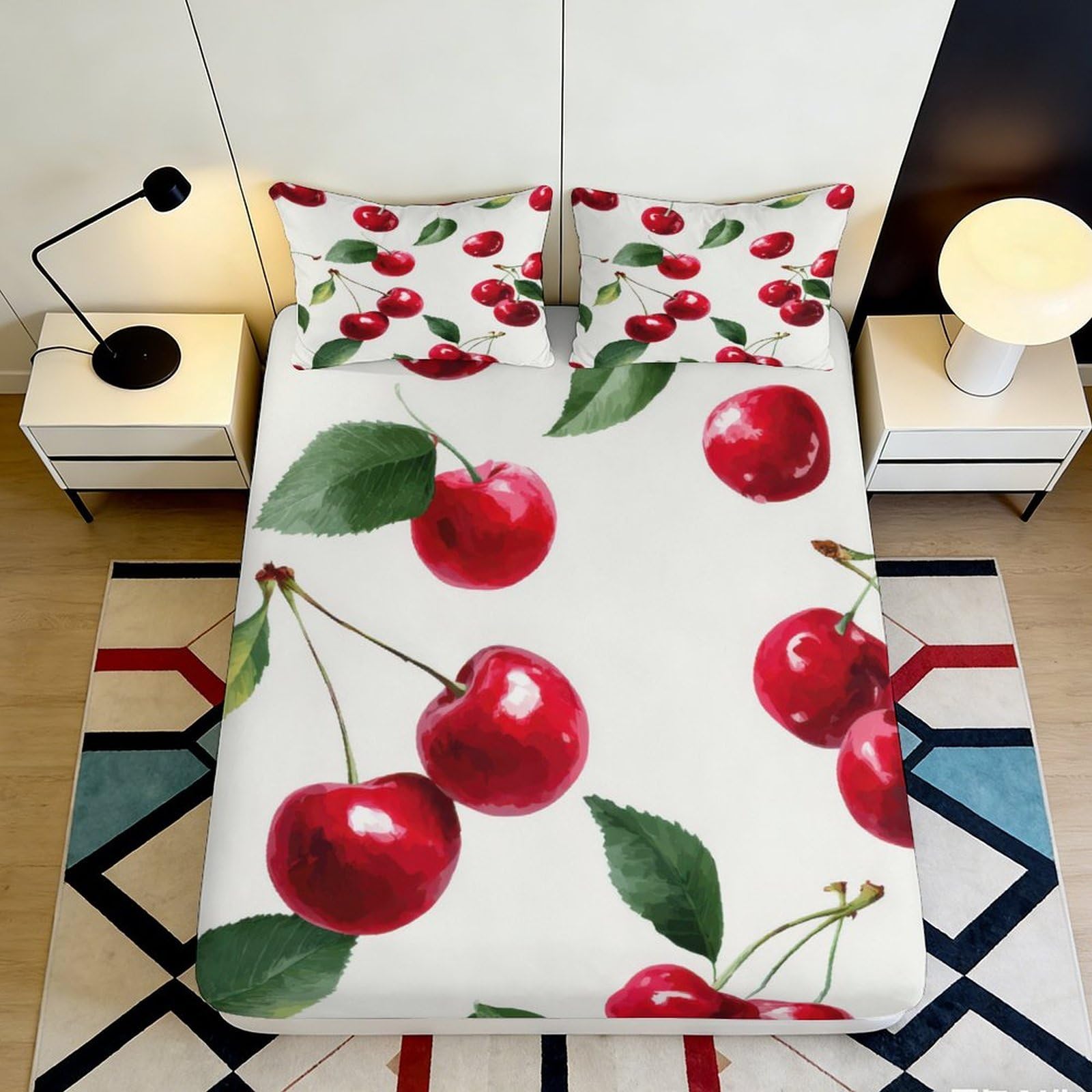 3D Printed Cherry Fitted Sheet Microfiber Soft Breathable Red Fruit Bed Cover for Bedroom Dormitory Guest Room Mattress Protection Decor 200x200x25cm