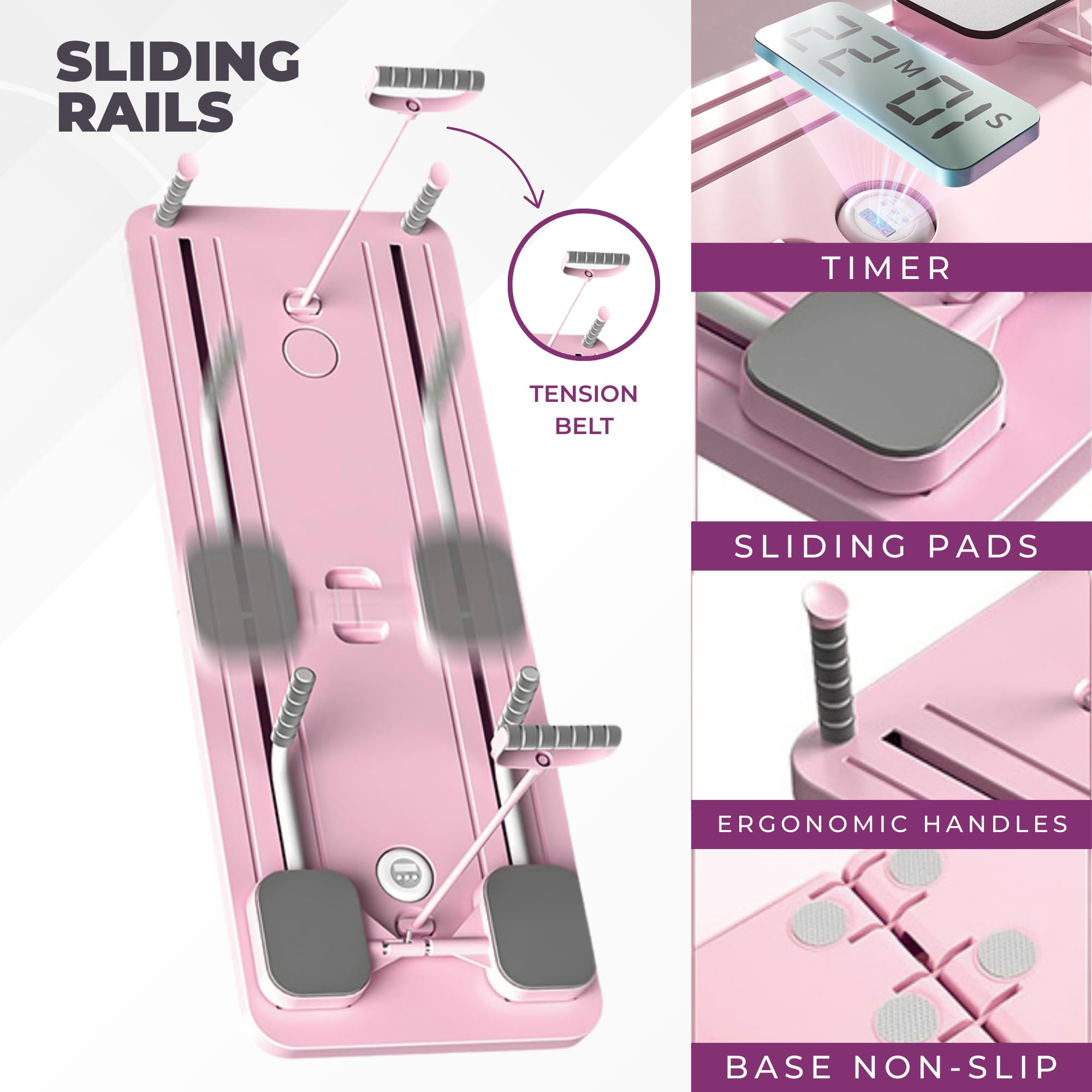 Máquina Reformer De Pilates Plegable Para Casa - Con Base Deslizante, Bandas De Resistencia Y Temporizador, Color Morado/Negro/Rosa